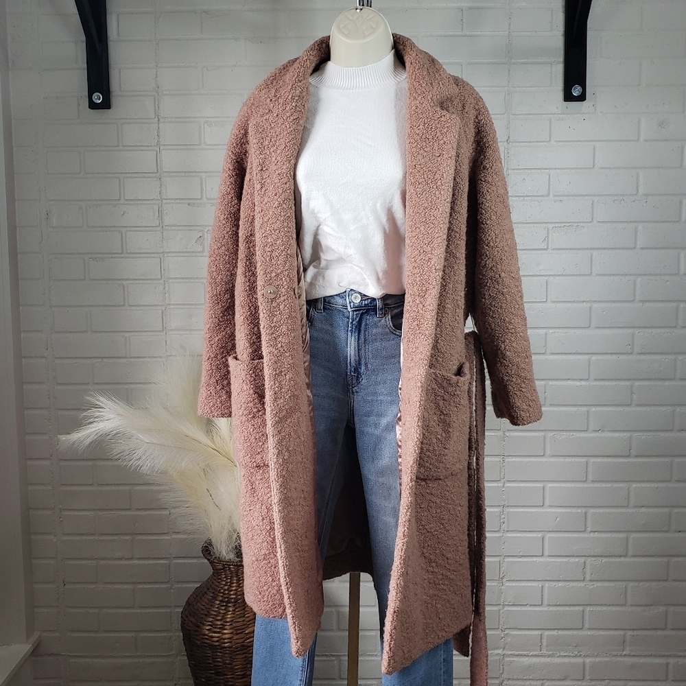 Ganni Fenn Boucle Muave Tan Long Wrap Coat size Small - Picture 2 of 12